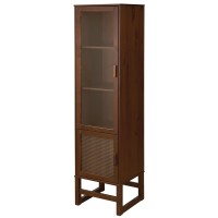 Cristaleira vitrine torre no acabamento amendoado 1 porta de vidro e 1 porta com palhinha indiana na cor amêndoa / Coleção Acapulco